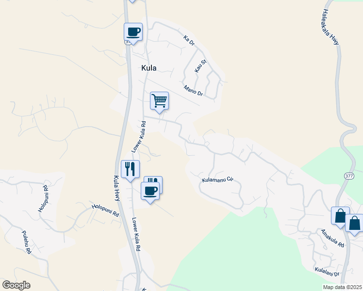 map of restaurants, bars, coffee shops, grocery stores, and more near 320 Lower Kimo Drive in Kula