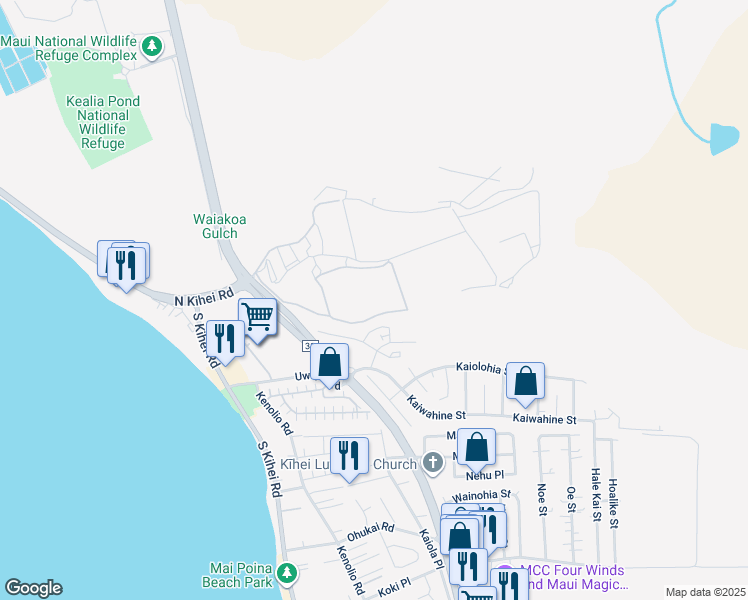 map of restaurants, bars, coffee shops, grocery stores, and more near 65 Piilaniwahine loop in Kihei
