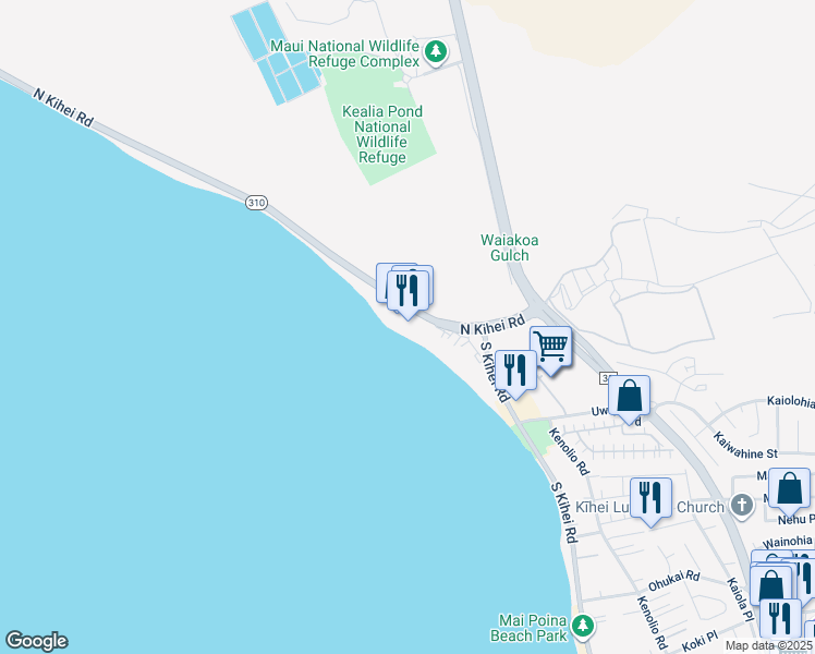 map of restaurants, bars, coffee shops, grocery stores, and more near 145 North Kihei Road in Kihei