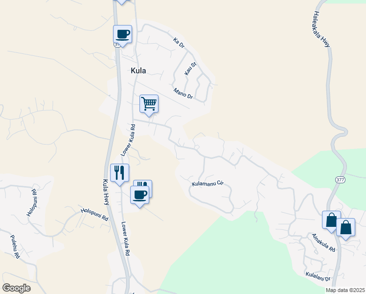 map of restaurants, bars, coffee shops, grocery stores, and more near 370 Lower Kimo Drive in Kula
