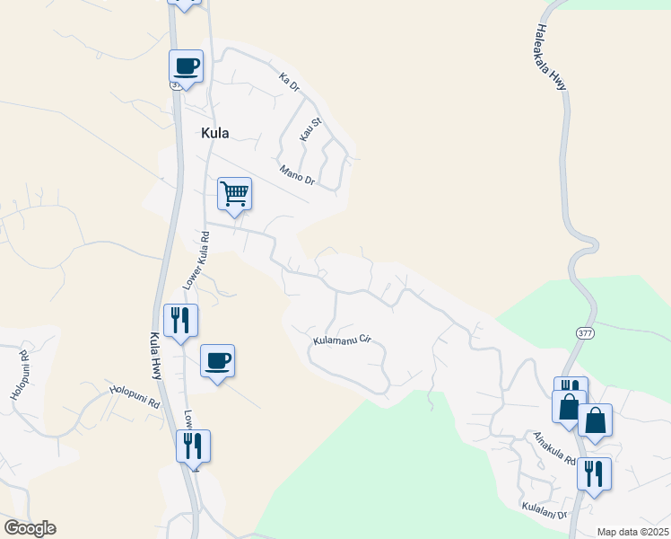 map of restaurants, bars, coffee shops, grocery stores, and more near 507 Lower Kimo Drive in Kula