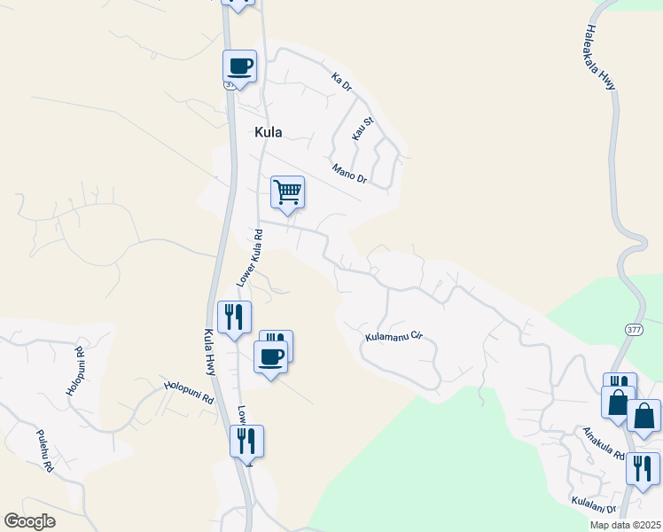 map of restaurants, bars, coffee shops, grocery stores, and more near 300 Lower Kimo Drive in Kula