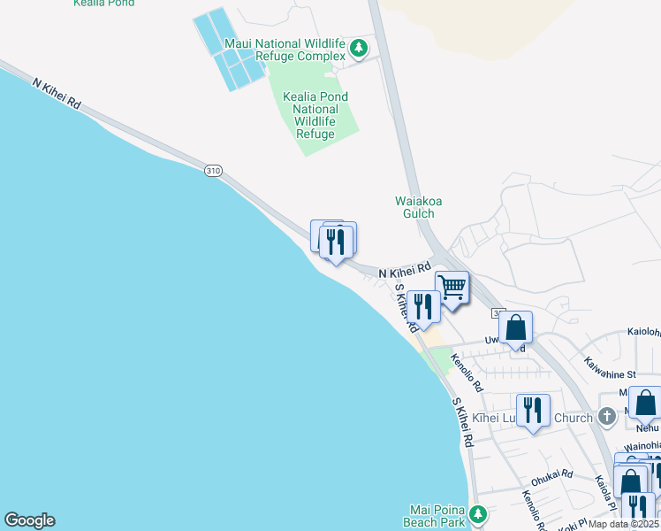map of restaurants, bars, coffee shops, grocery stores, and more near 145 North Kihei Road in Kihei