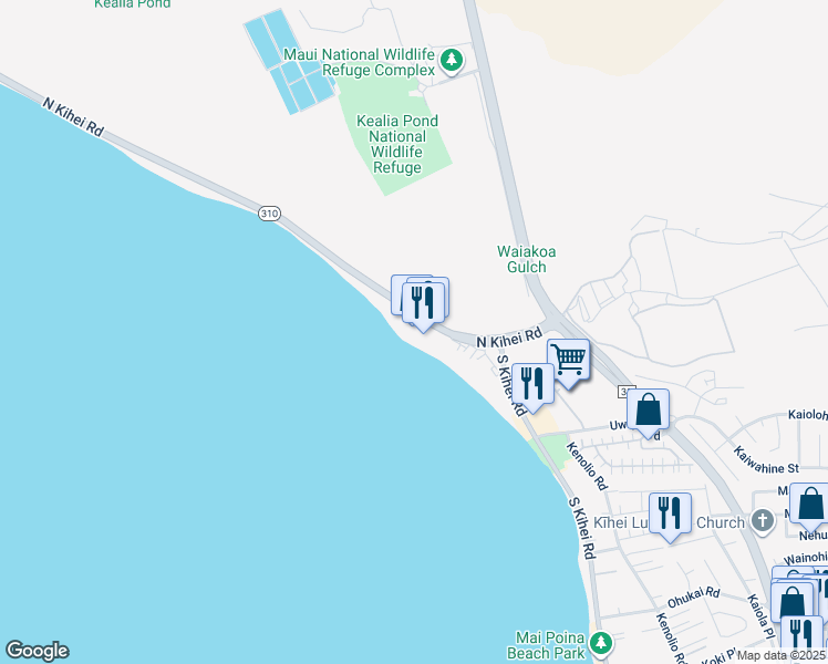 map of restaurants, bars, coffee shops, grocery stores, and more near 145 North Kihei Road in Kihei