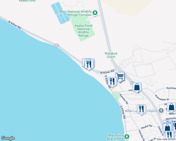 map of restaurants, bars, coffee shops, grocery stores, and more near 145 North Kihei Road in Kihei