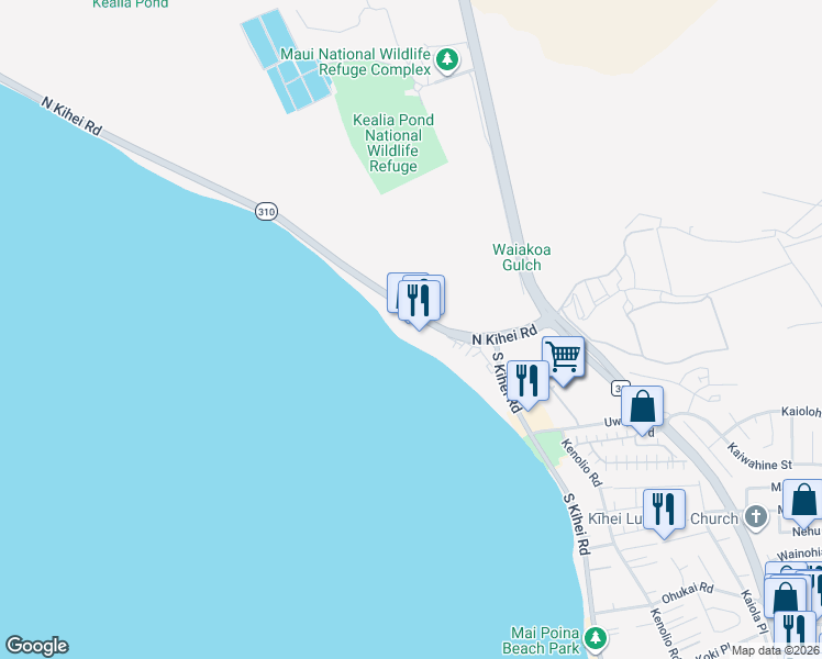 map of restaurants, bars, coffee shops, grocery stores, and more near 145 North Kihei Road in Kihei