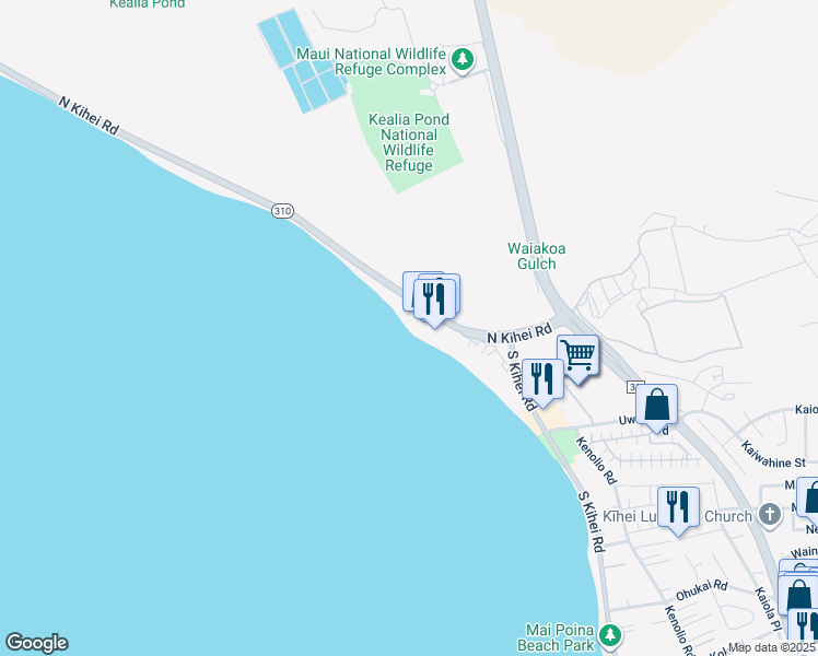 map of restaurants, bars, coffee shops, grocery stores, and more near 145 North Kihei Road in Kihei