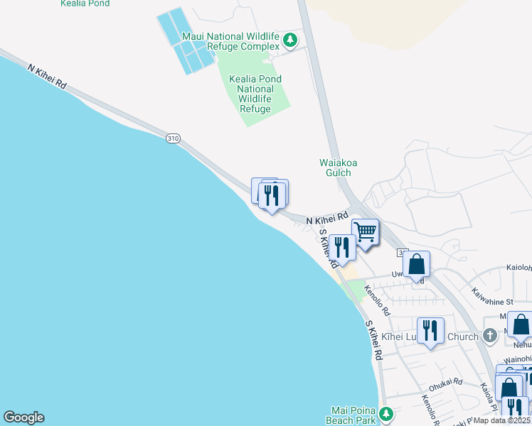 map of restaurants, bars, coffee shops, grocery stores, and more near 145 North Kihei Road in Kihei