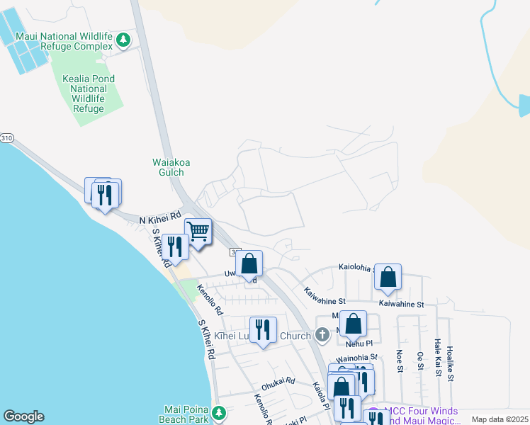map of restaurants, bars, coffee shops, grocery stores, and more near 60 Kihalani Street in Kihei