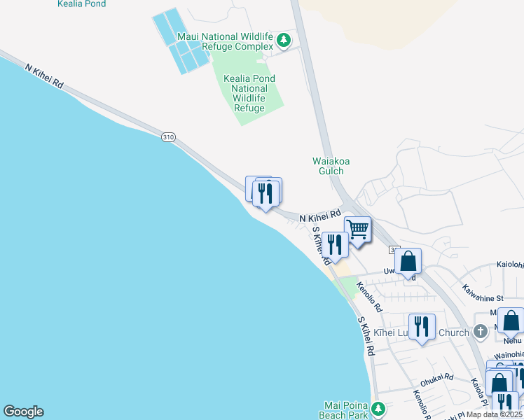map of restaurants, bars, coffee shops, grocery stores, and more near 145 North Kihei Road in Kihei