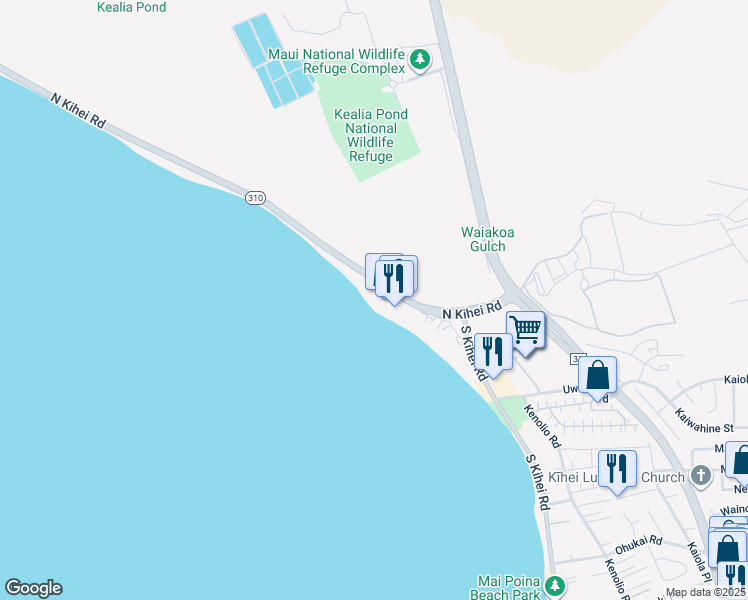 map of restaurants, bars, coffee shops, grocery stores, and more near 145 South Kihei Road in Kihei
