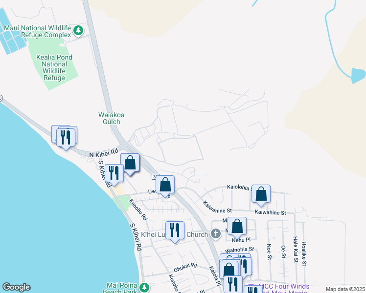 map of restaurants, bars, coffee shops, grocery stores, and more near 56 Kihalani Street in Kihei
