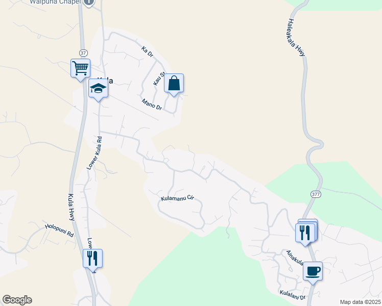 map of restaurants, bars, coffee shops, grocery stores, and more near 623 Lower Kimo Drive in Kula