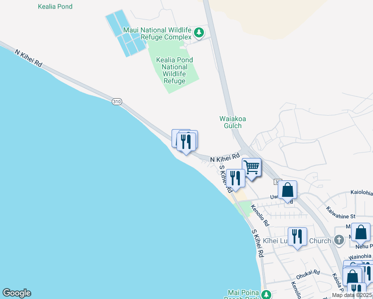 map of restaurants, bars, coffee shops, grocery stores, and more near 145 North Kihei Road in Kihei