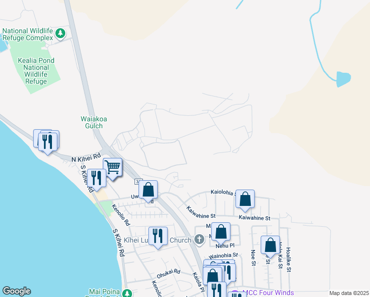 map of restaurants, bars, coffee shops, grocery stores, and more near 56 Kihalani Street in Kihei
