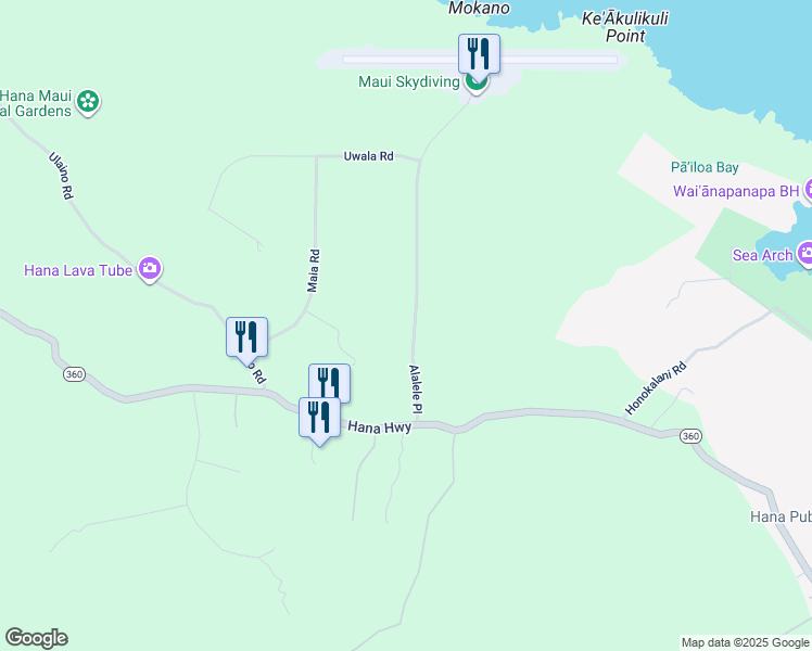 map of restaurants, bars, coffee shops, grocery stores, and more near 143 Alalele Place in Hana