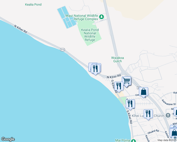 map of restaurants, bars, coffee shops, grocery stores, and more near 191 North Kihei Road in Kihei