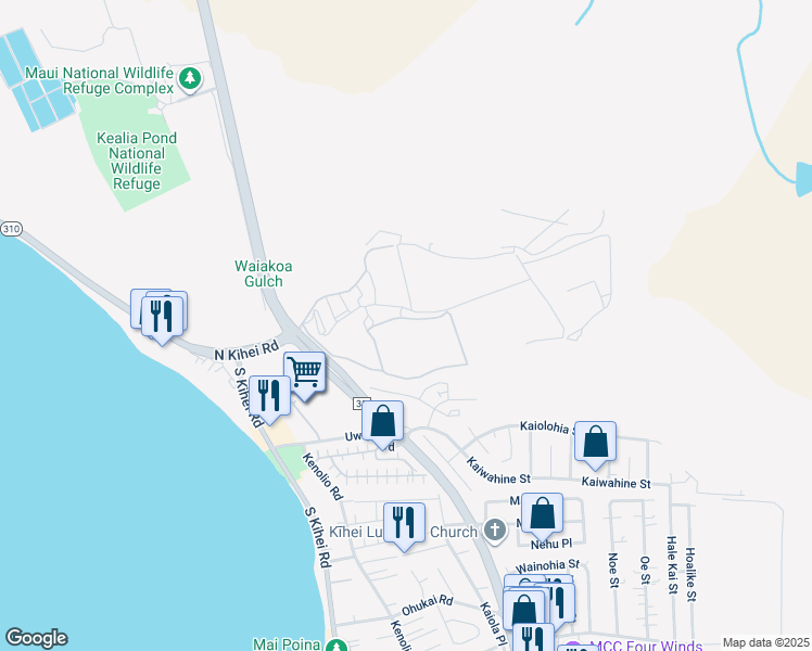map of restaurants, bars, coffee shops, grocery stores, and more near 58 Kihalani Street in Kihei