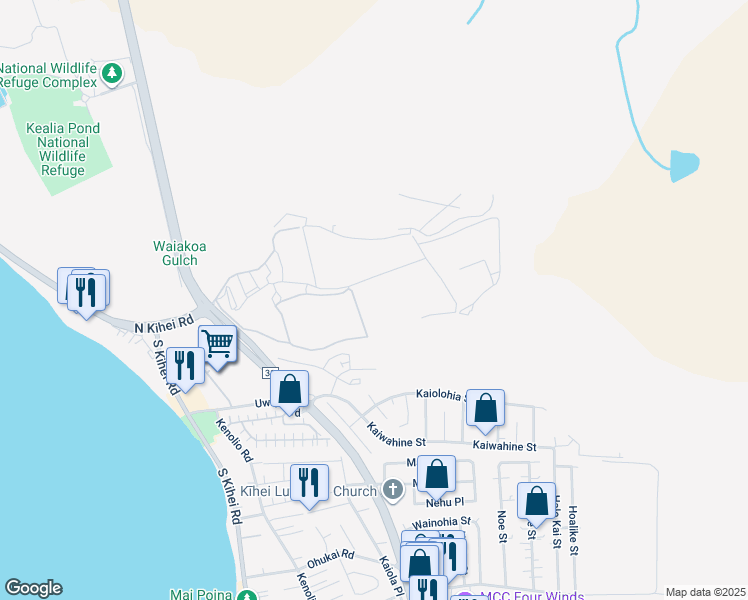 map of restaurants, bars, coffee shops, grocery stores, and more near 56 Kihalani Street in Kihei