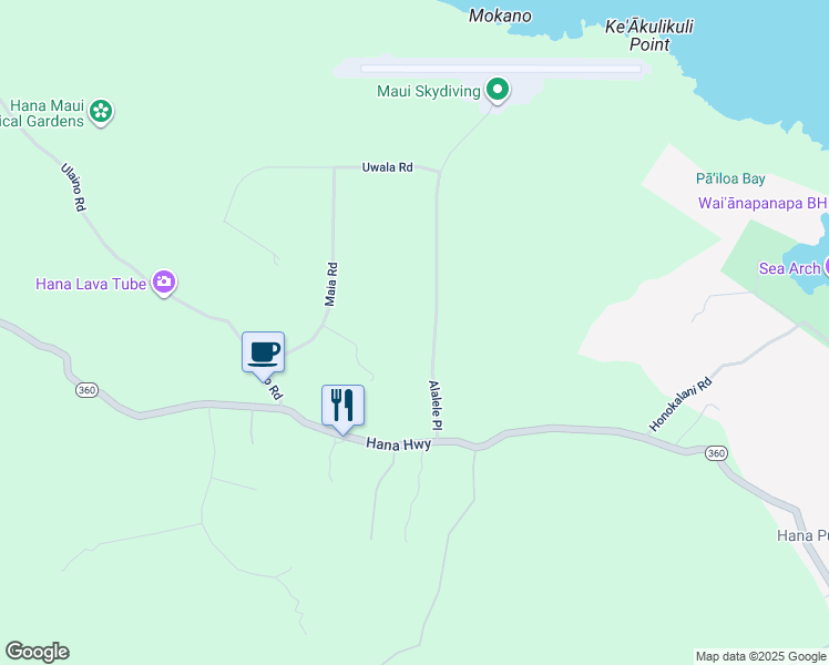 map of restaurants, bars, coffee shops, grocery stores, and more near 143 Alalele Place in Hana
