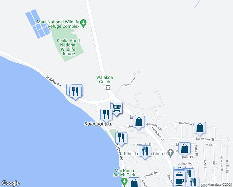 map of restaurants, bars, coffee shops, grocery stores, and more near 2111 Piilani Highway in Kihei