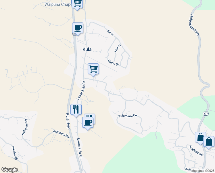 map of restaurants, bars, coffee shops, grocery stores, and more near 255 Lower Kimo Drive in Kula