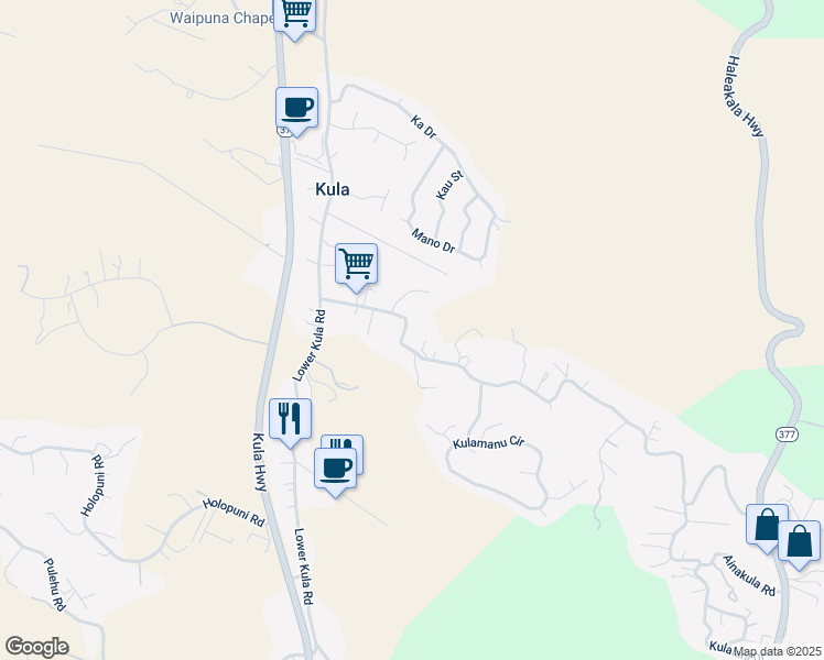 map of restaurants, bars, coffee shops, grocery stores, and more near 255 Lower Kimo Drive in Kula