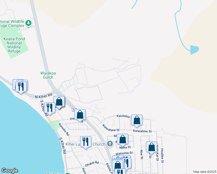 map of restaurants, bars, coffee shops, grocery stores, and more near 56 Kihalani Street in Kihei