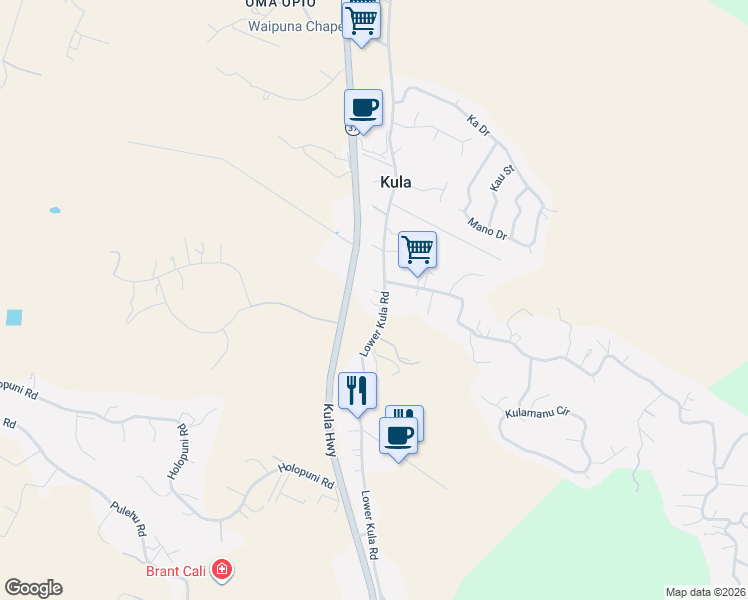 map of restaurants, bars, coffee shops, grocery stores, and more near 2400 Lower Kula Road in Kula