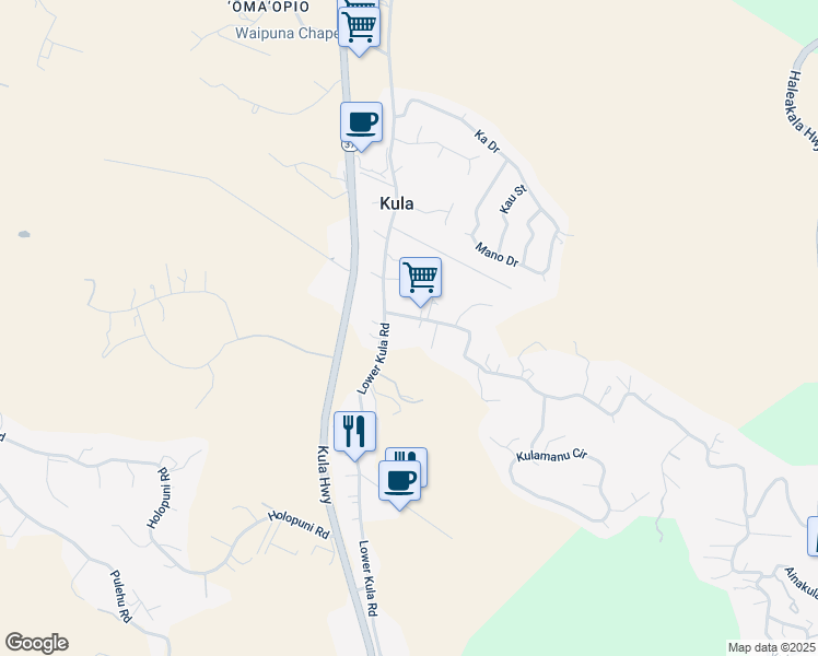 map of restaurants, bars, coffee shops, grocery stores, and more near 78 Lower Kimo Drive in Kula