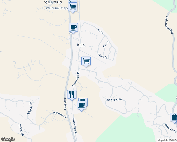 map of restaurants, bars, coffee shops, grocery stores, and more near 154 Hoomaikai Place in Kula