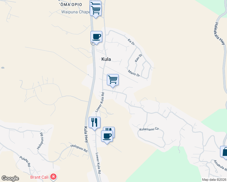 map of restaurants, bars, coffee shops, grocery stores, and more near 92 Lower Kimo Drive in Kula