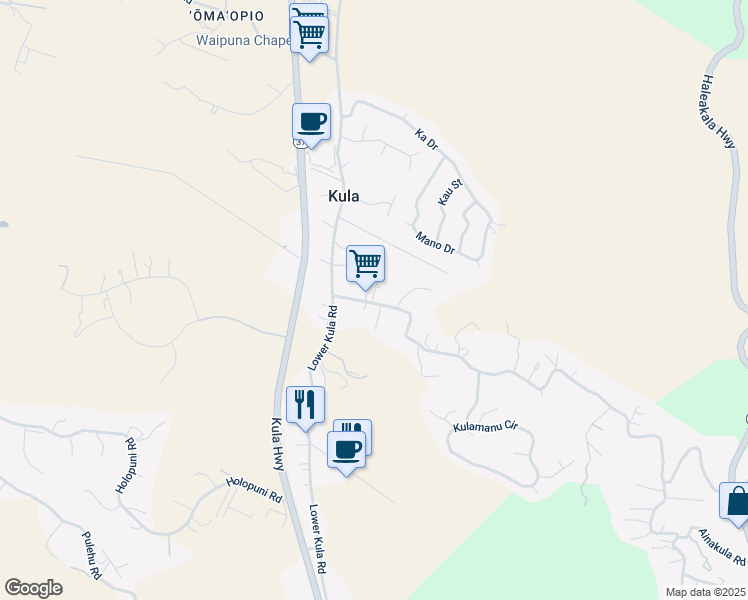 map of restaurants, bars, coffee shops, grocery stores, and more near 135 Lower Kimo Drive in Kula