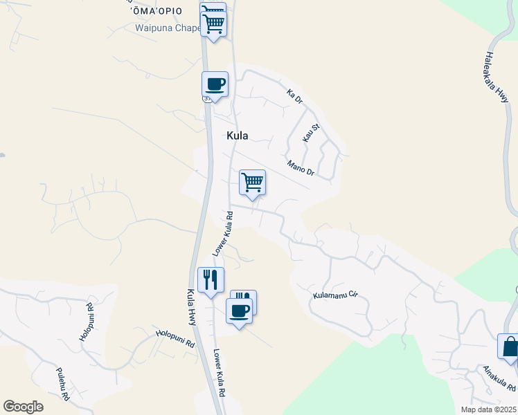 map of restaurants, bars, coffee shops, grocery stores, and more near 135 Lower Kimo Drive in Kula