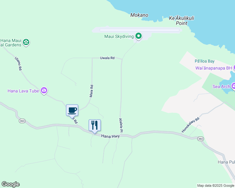 map of restaurants, bars, coffee shops, grocery stores, and more near 195 Alalele Place in Hana