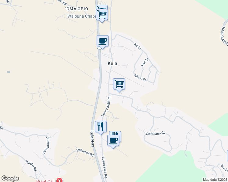 map of restaurants, bars, coffee shops, grocery stores, and more near 92 Lower Kimo Drive in Kula
