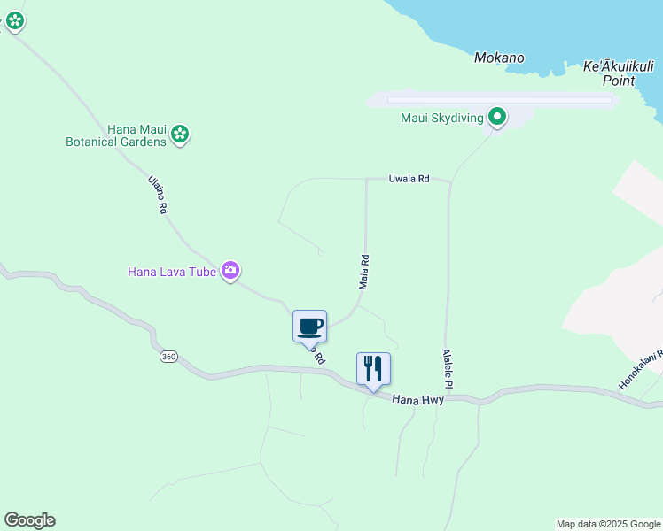 map of restaurants, bars, coffee shops, grocery stores, and more near 155 Maia Road in Hana