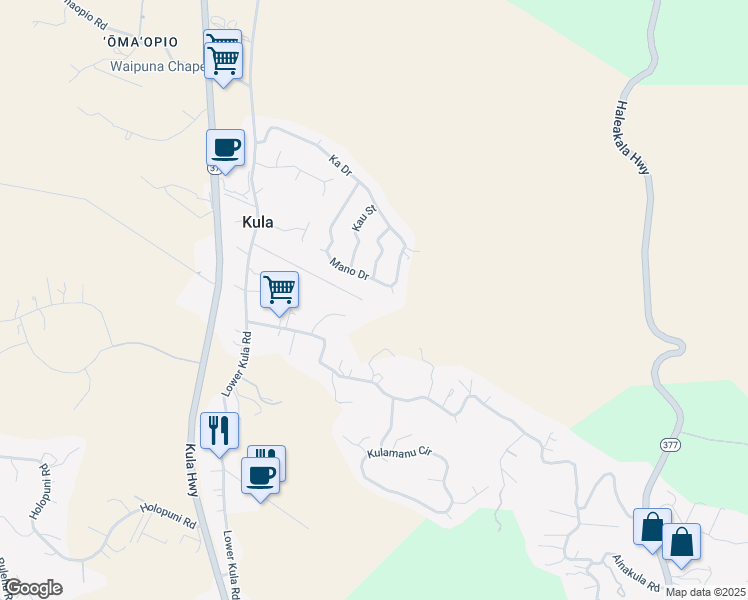 map of restaurants, bars, coffee shops, grocery stores, and more near 84 Mano Drive in Kula