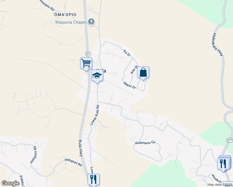 map of restaurants, bars, coffee shops, grocery stores, and more near 109 Lower Kimo Drive in Kula
