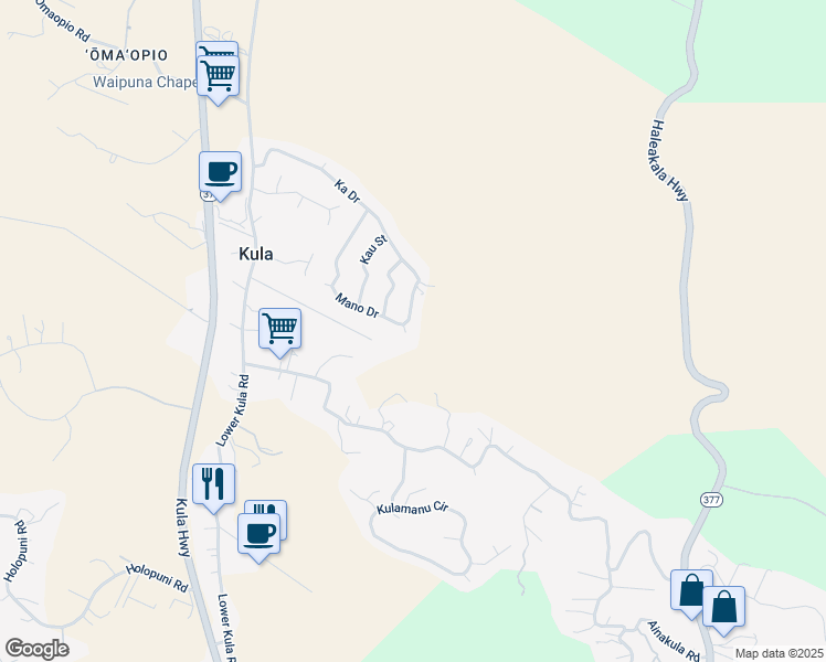 map of restaurants, bars, coffee shops, grocery stores, and more near 19 Mauka Place in Kula