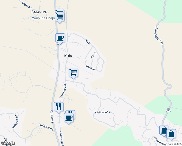 map of restaurants, bars, coffee shops, grocery stores, and more near 75 Akea Place in Kula