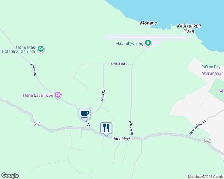 map of restaurants, bars, coffee shops, grocery stores, and more near 180 Maia Road in Hana