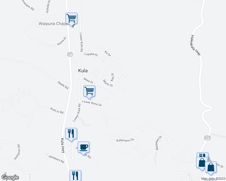 map of restaurants, bars, coffee shops, grocery stores, and more near 72 Mano Drive in Kula