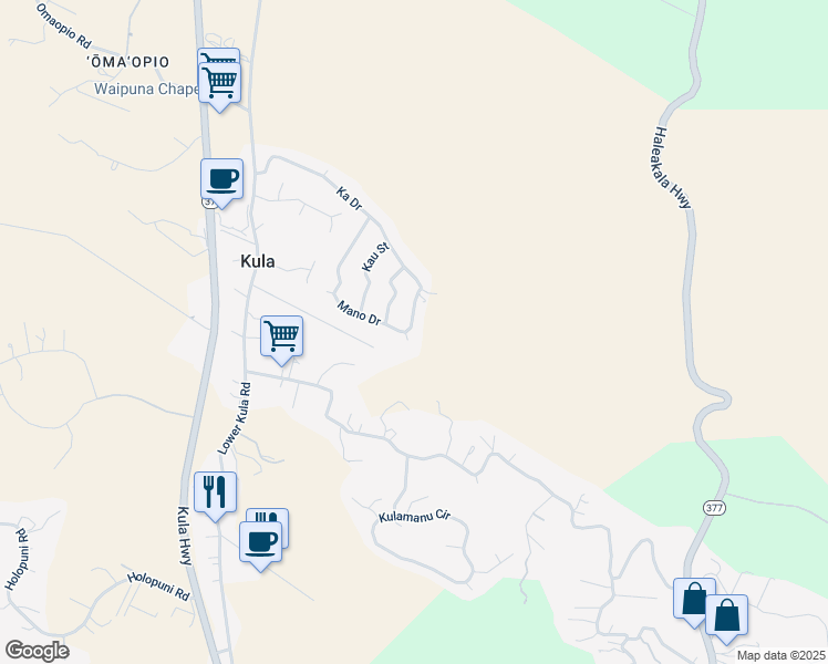 map of restaurants, bars, coffee shops, grocery stores, and more near 100 Mano Drive in Kula