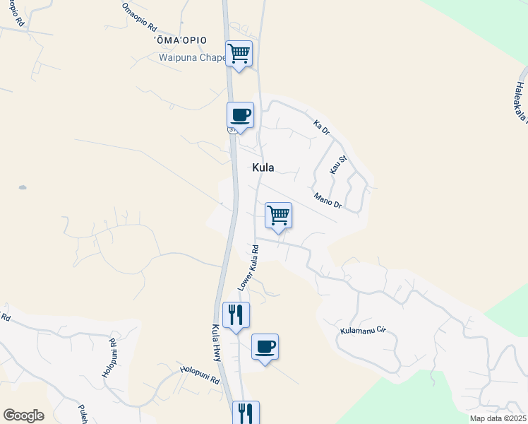 map of restaurants, bars, coffee shops, grocery stores, and more near 2255 Lower Kula Road in Kula