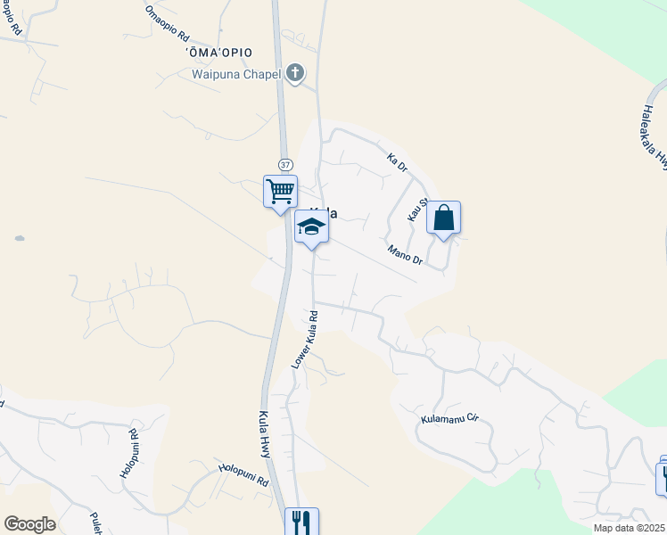 map of restaurants, bars, coffee shops, grocery stores, and more near 2255 Lower Kula Road in Kula