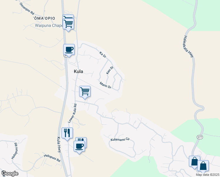 map of restaurants, bars, coffee shops, grocery stores, and more near 76 Mano Drive in Kula