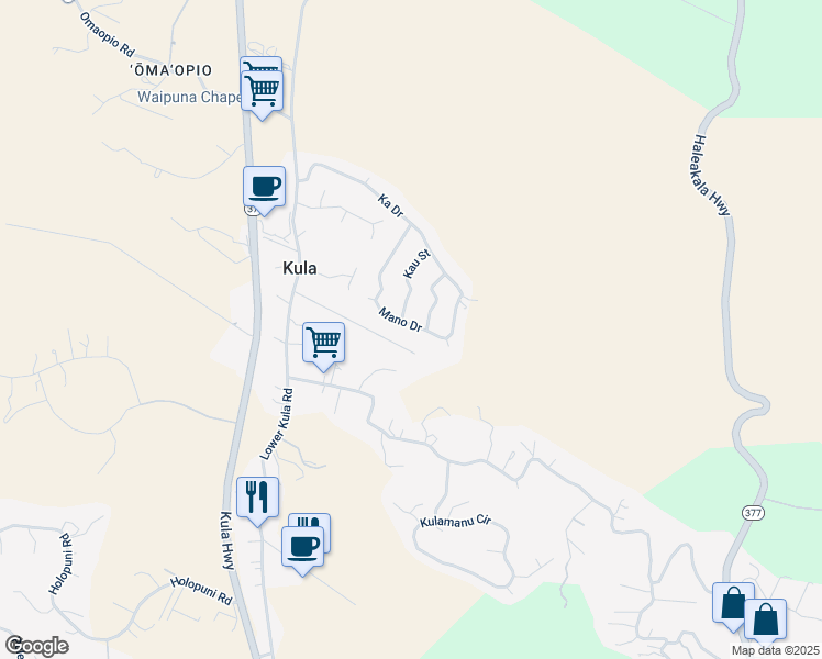 map of restaurants, bars, coffee shops, grocery stores, and more near 72 Mano Drive in Kula
