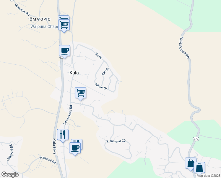 map of restaurants, bars, coffee shops, grocery stores, and more near 37 Manu Street in Kula