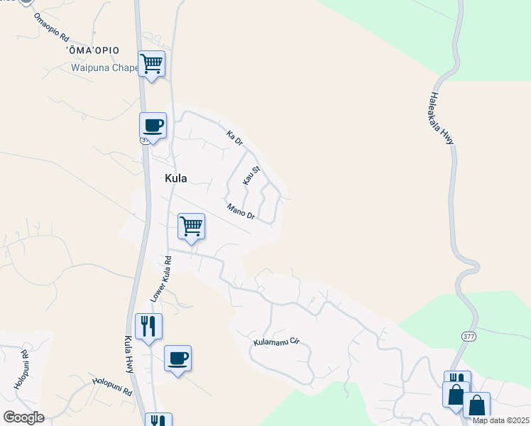 map of restaurants, bars, coffee shops, grocery stores, and more near 37 Manu Street in Kula